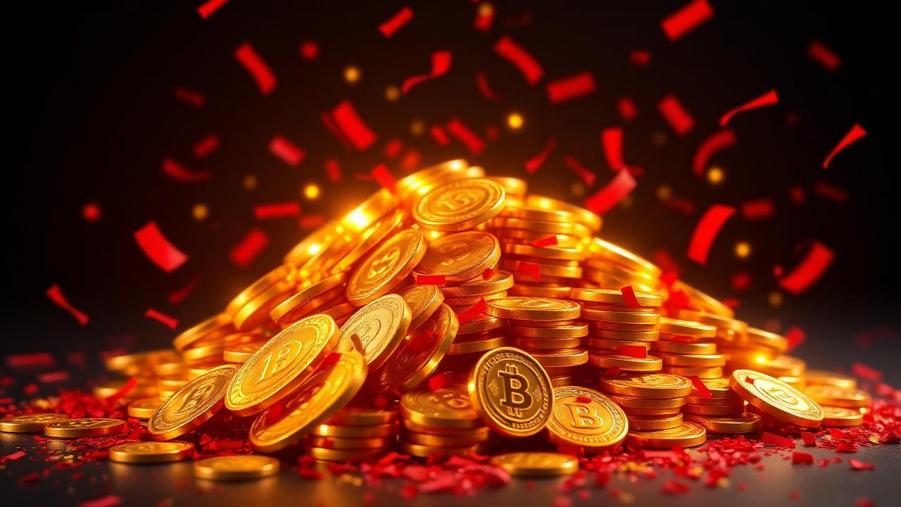 Stapel gouden munten met rode confetti, prijs concept