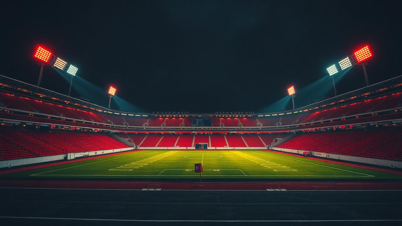 Voetbalstadion bij nacht met rood en geel verlichte tribunes